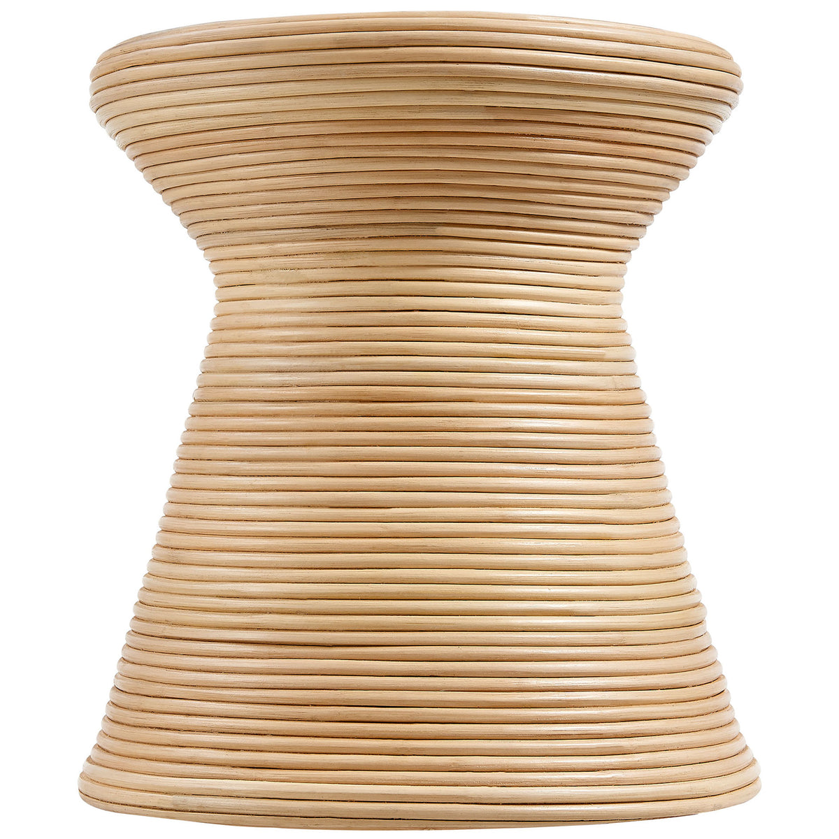 Slender natural rattan side table showcasing the full hourglass silhouette and smooth woven texture || EEI-7360-NAT || front_studio
