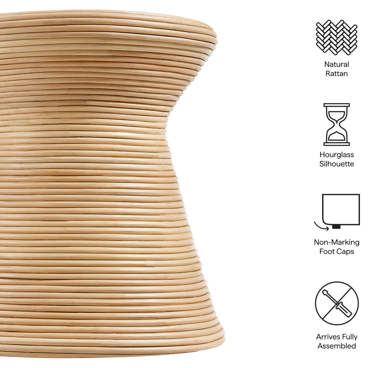 Natural rattan hourglass side table with non-marking foot caps and icons for its fully assembled design || EEI-7360-NAT || callout_studio