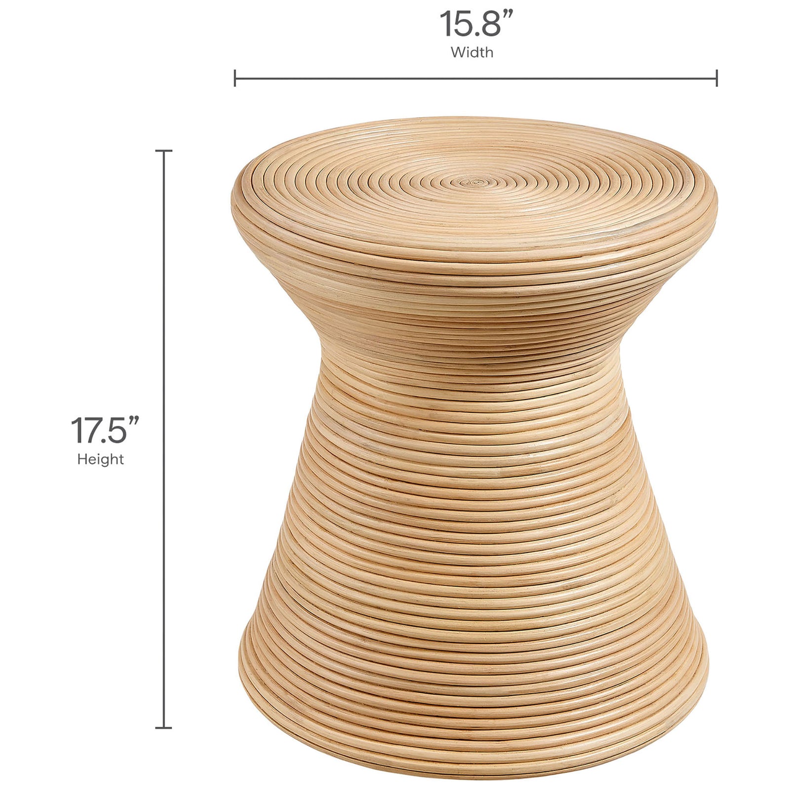 Natural rattan hourglass side table with labeled dimensions showing 15.8 inch width and 17.5 inch height || EEI-7360-NAT || dimension_studio