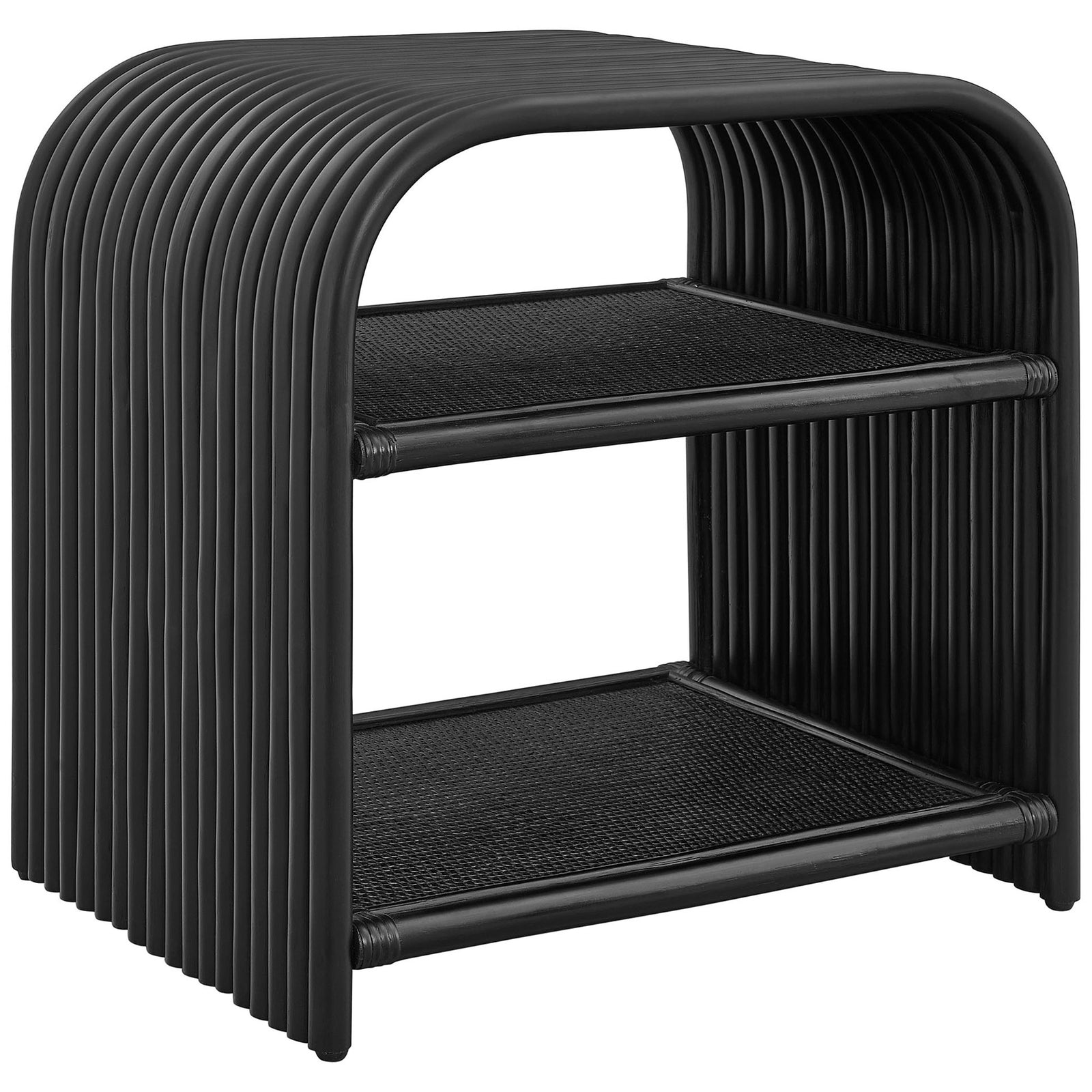 Black curved rattan side table with two woven shelves for airy, modern storage || EEI-7361-BLK || front_angle_studio