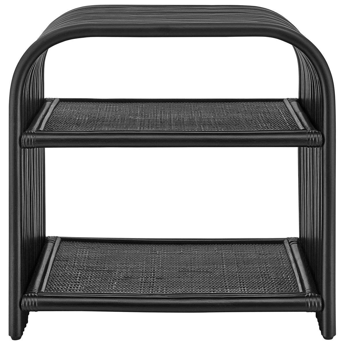 Black curved rattan side table with two open shelves for versatile display and storage || EEI-7361-BLK || front_studio