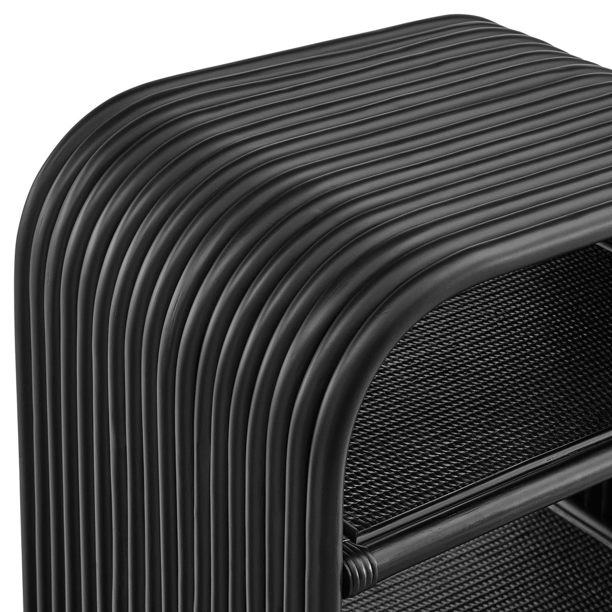 Black rattan frame highlighting the smooth curves and woven shelf texture || EEI-7361-BLK || detail_studio