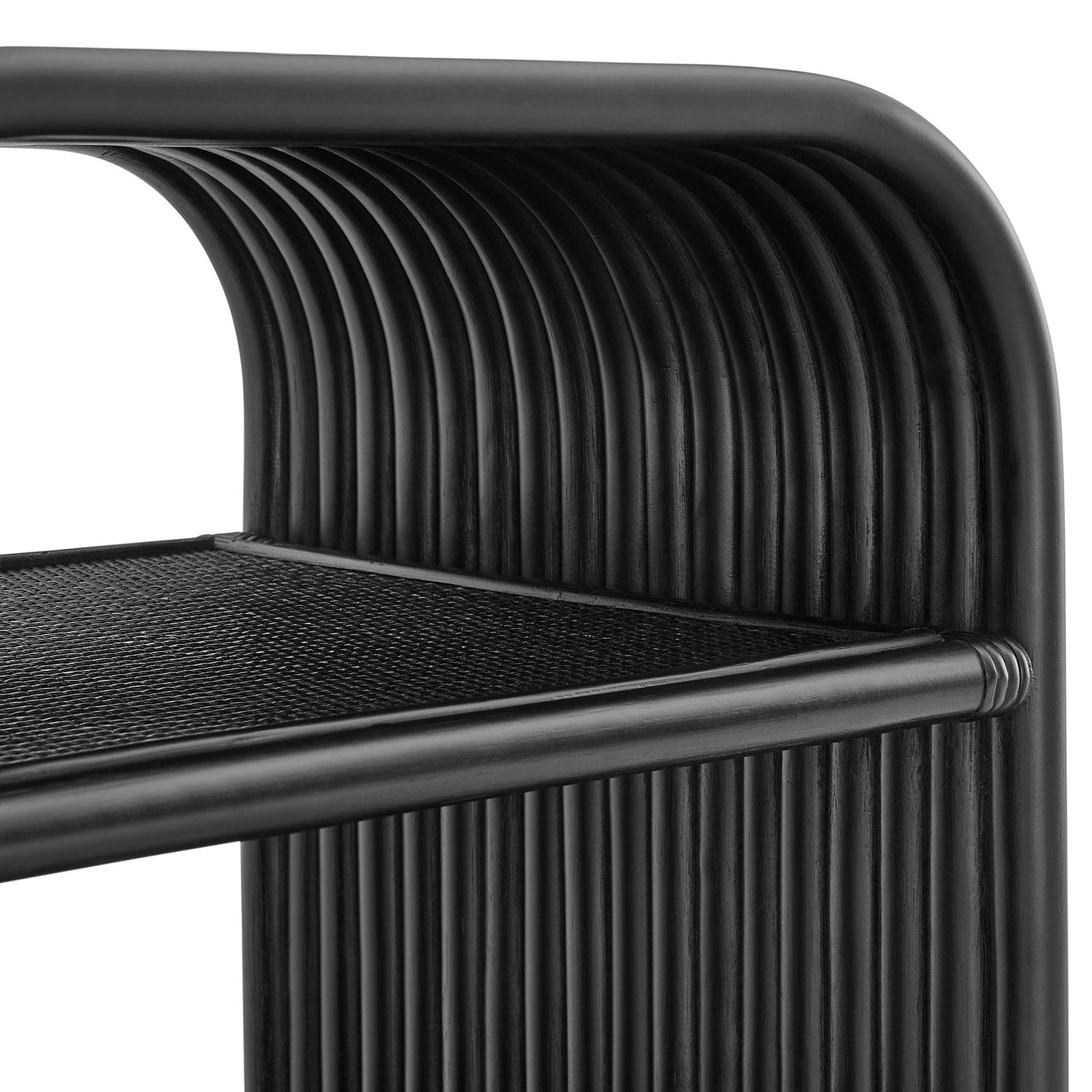 Black rattan arches and slim upper shelf profile for a light, open look || EEI-7361-BLK || detail_studio