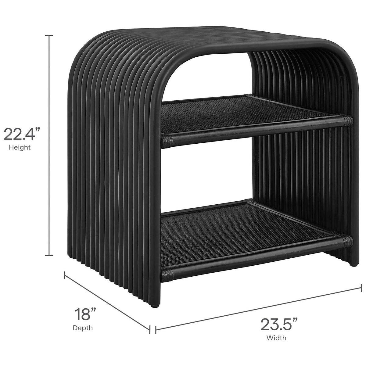 Dimensions of the black curved rattan side table showing height, width, and depth measurements || EEI-7361-BLK || dimension_studio