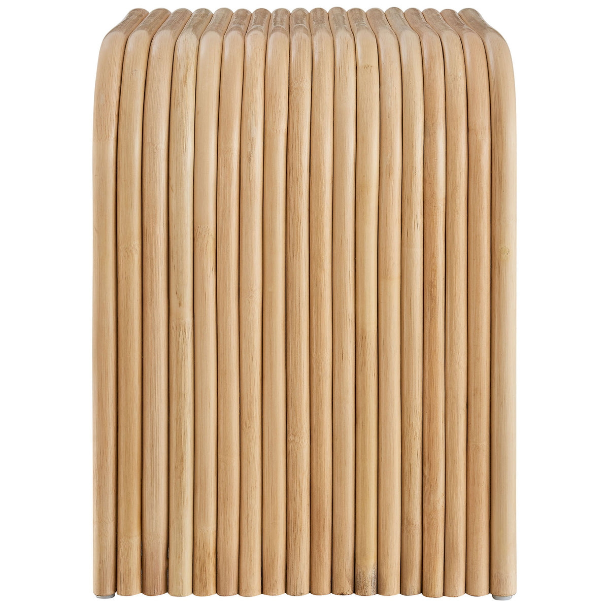 Slim natural rattan side table with waterfall curves and airy lower shelf storage || EEI-7361-NAT || side_studio