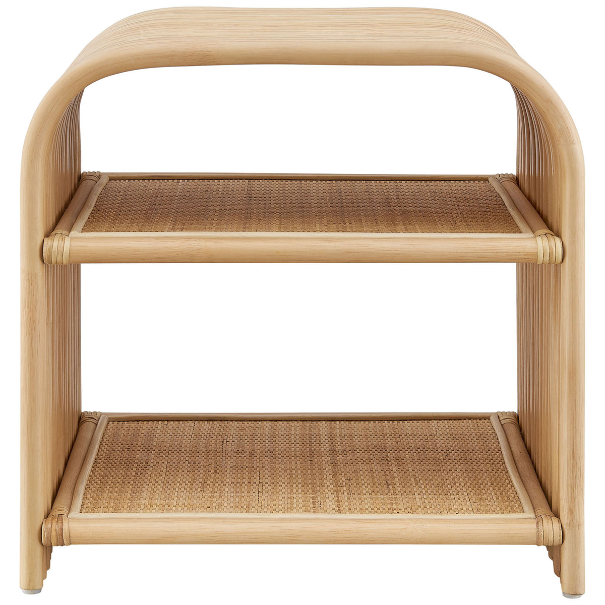 Natural rattan side table with rounded waterfall frame and two woven cane shelves for storage || EEI-7361-NAT || front_studio