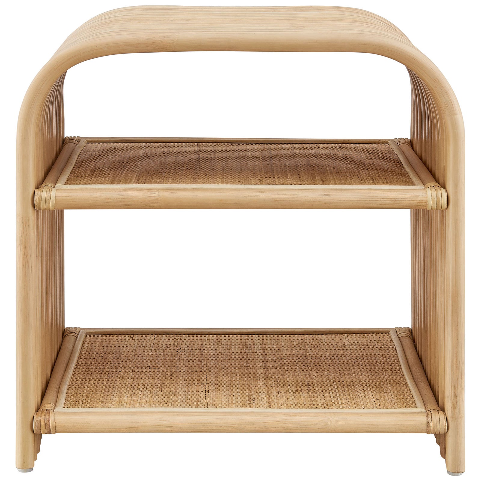 Natural rattan side table with rounded waterfall frame and two woven cane shelves for storage || EEI-7361-NAT || front_studio