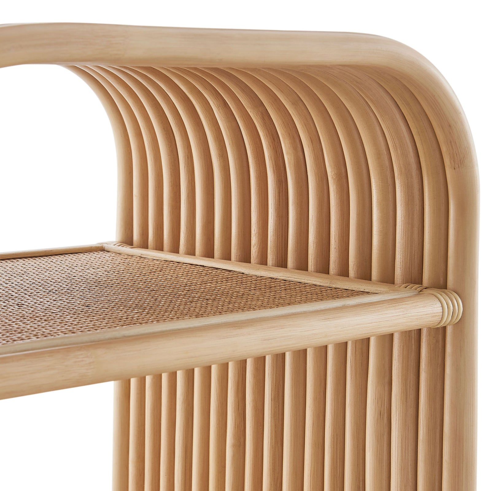 Natural rattan side table shelf with curved supports and woven cane surface detail || EEI-7361-NAT || detail_studio