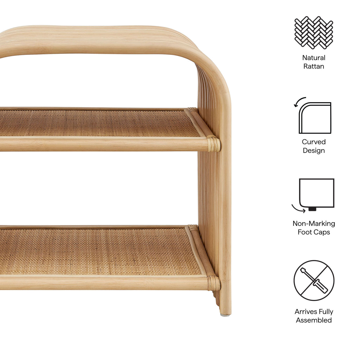 Eve natural rattan side table with curved design, non-marking foot caps, and fully assembled || EEI-7361-NAT || callout_studio