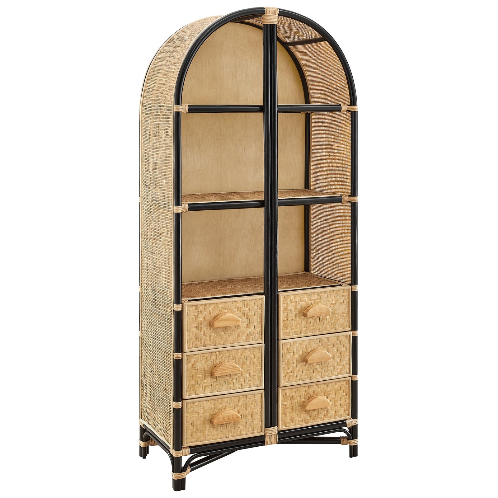 Arched natural rattan bookshelf with black frame, three open shelves, and six woven drawers with curved pulls || EEI-7362-NAT-BLK || front_angle_studio