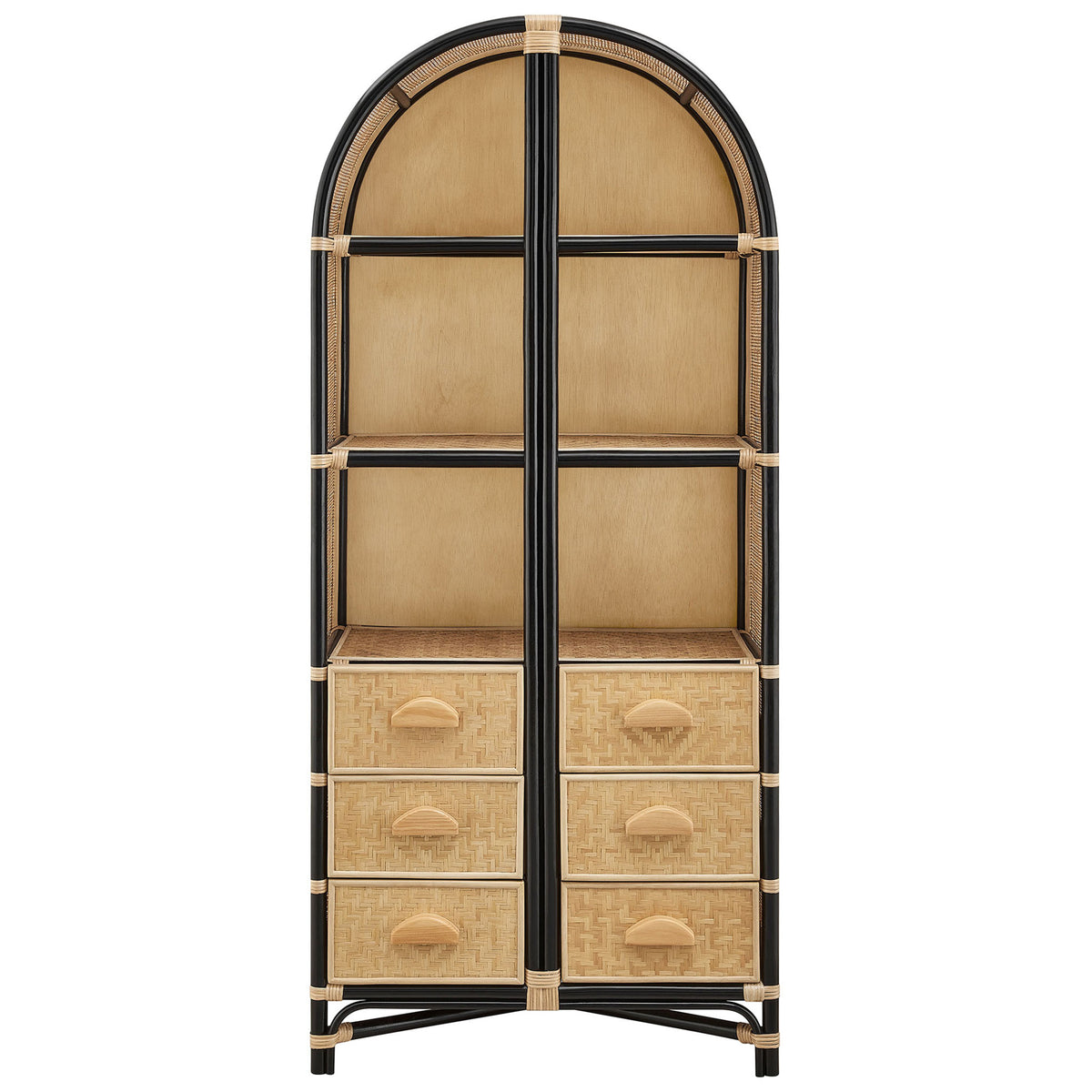 Streamlined arch silhouette in natural rattan and black, with open shelving above six woven storage drawers || EEI-7362-NAT-BLK || front_studio
