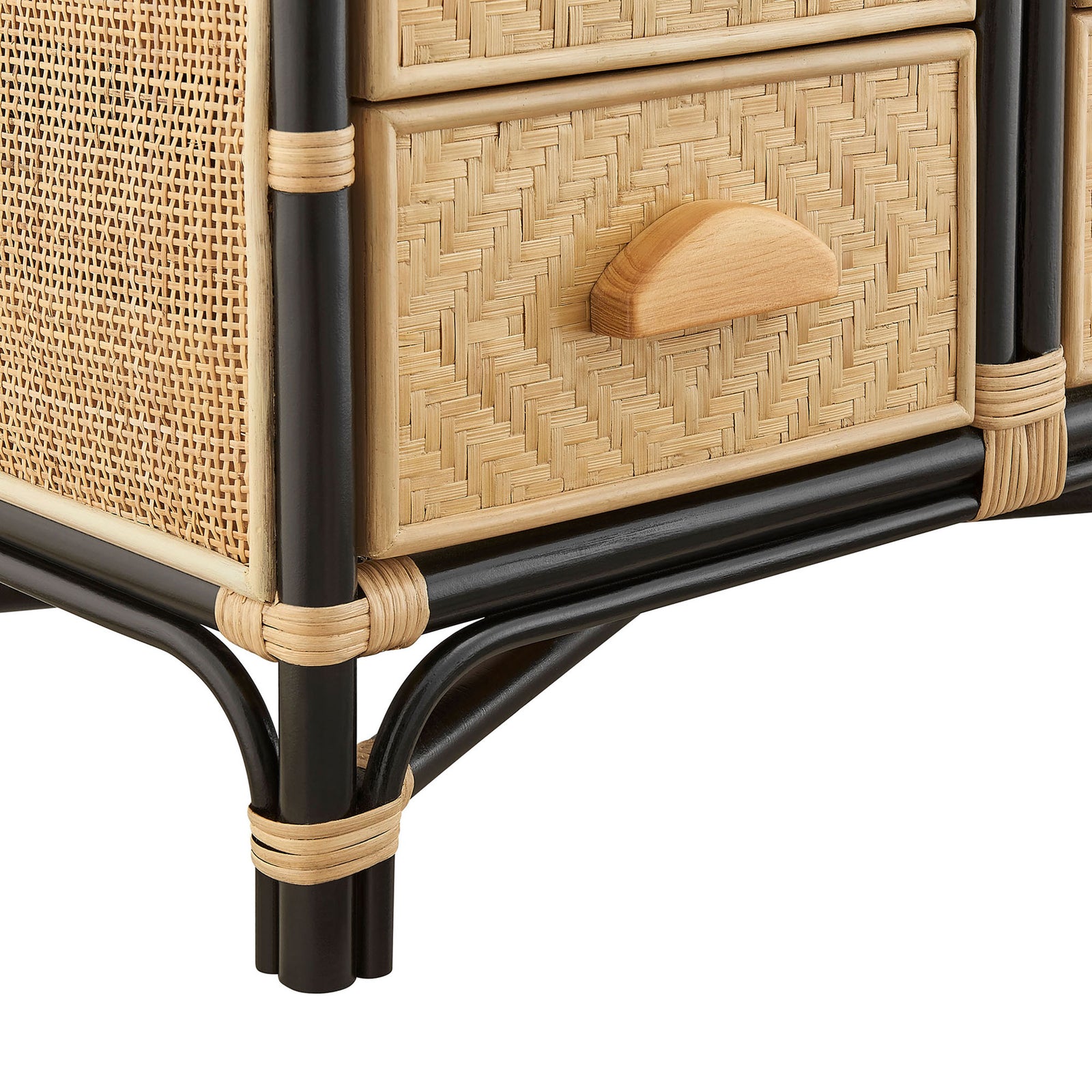 Handwoven rattan texture, rounded wood pulls, and wrapped accents on the sturdy black frame || EEI-7362-NAT-BLK || detail_studio