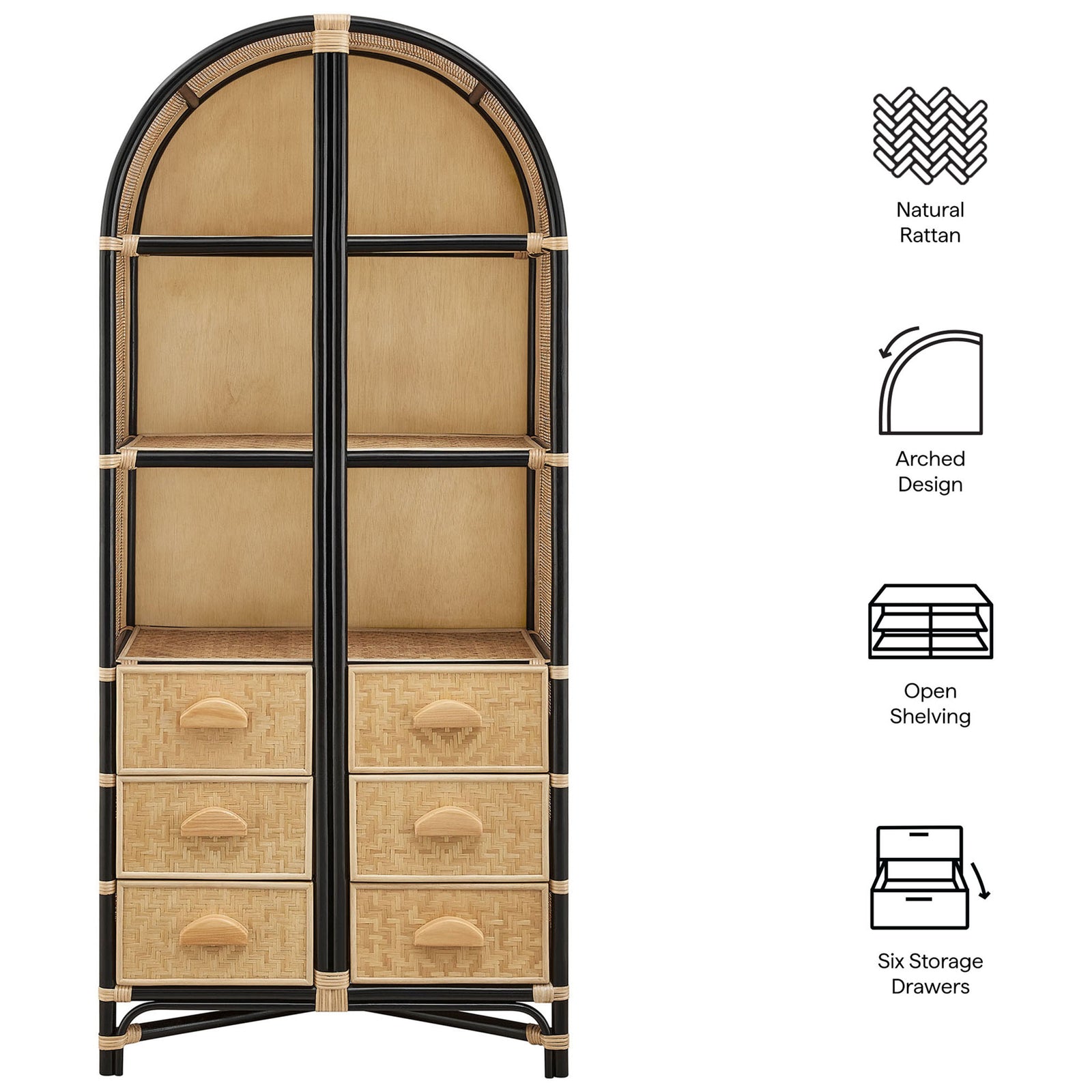 Key features include natural rattan, arched design, open shelving, and six storage drawers || EEI-7362-NAT-BLK || callout_studio