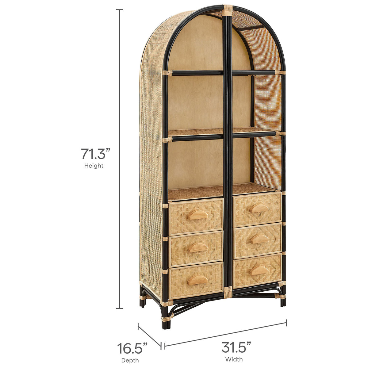 Dimensions shown for the arched rattan bookshelf for easy planning and fit || EEI-7362-NAT-BLK || dimension_studio