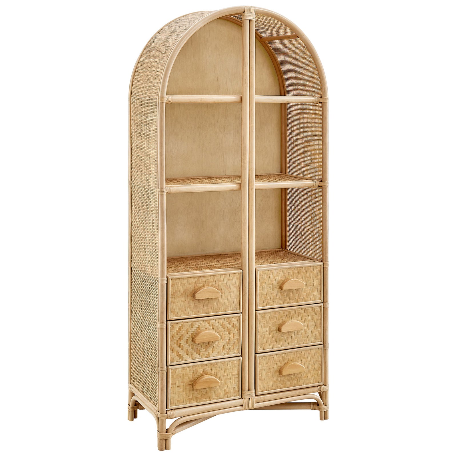 Curved silhouette and X-base detailing elevate this natural rattan bookshelf with open shelves and woven storage || EEI-7362-NAT || front_angle_studio