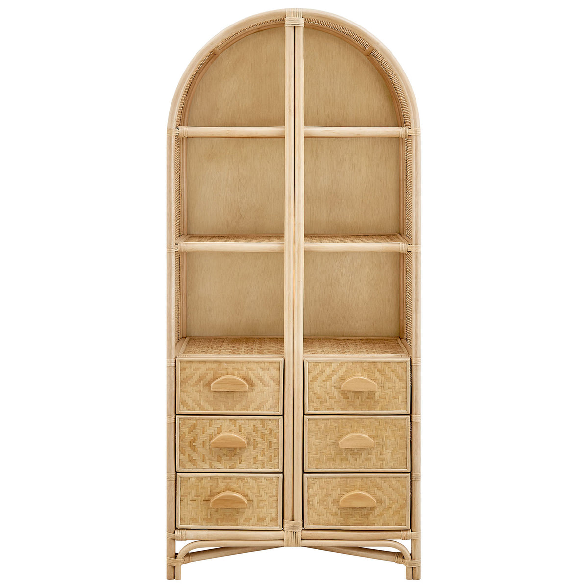 Arched natural rattan bookshelf with three open shelves and six woven drawers on a sturdy wood frame || EEI-7362-NAT || front_studio