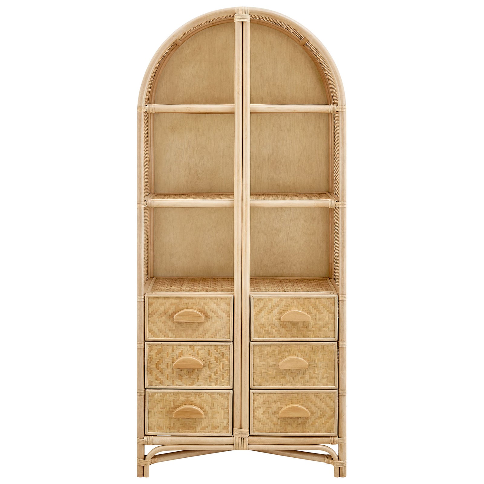 Arched natural rattan bookshelf with three open shelves and six woven drawers on a sturdy wood frame || EEI-7362-NAT || front_studio