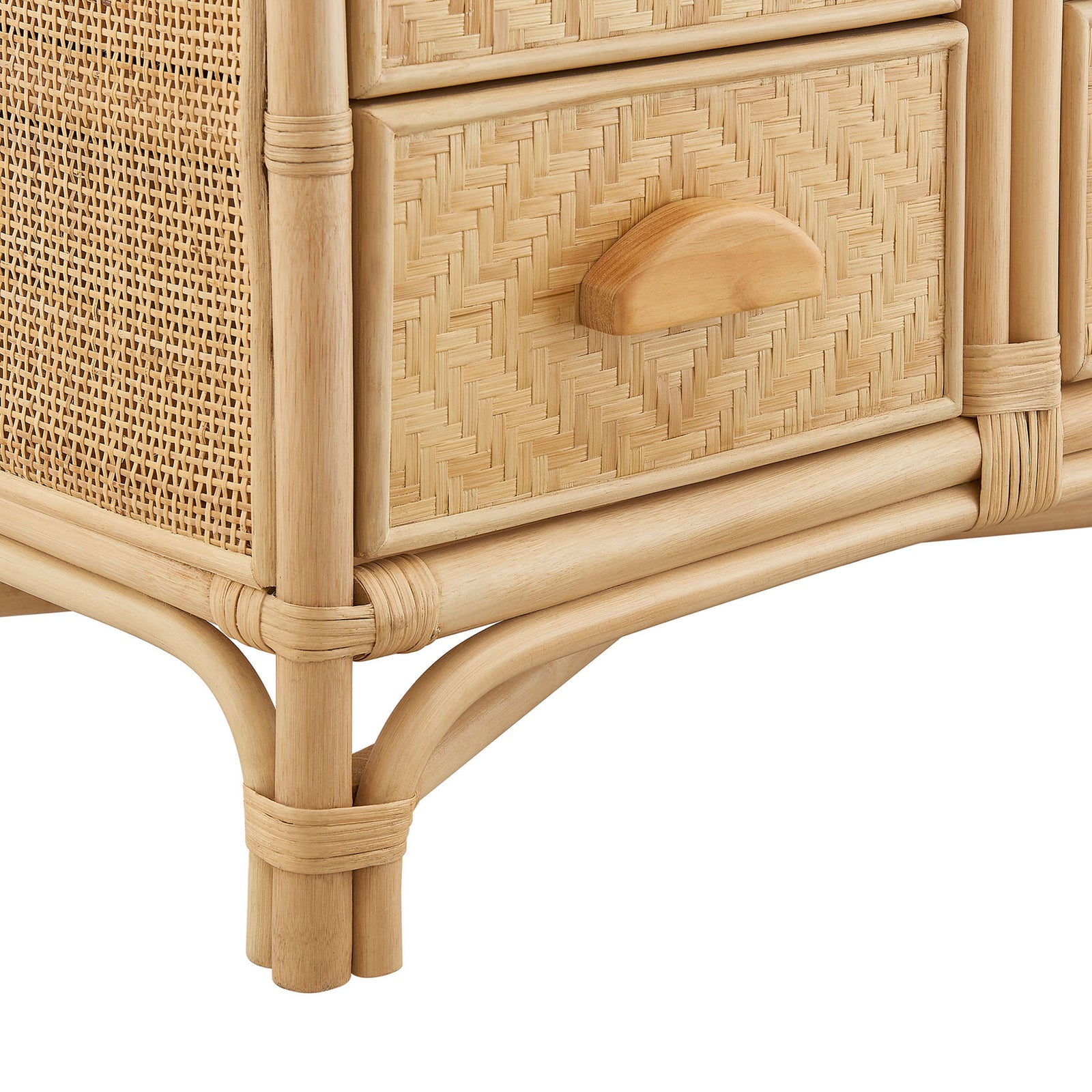Tight cane weave, rounded rattan posts, and wrapped joints showcase artisanal craftsmanship || EEI-7362-NAT || leg_studio