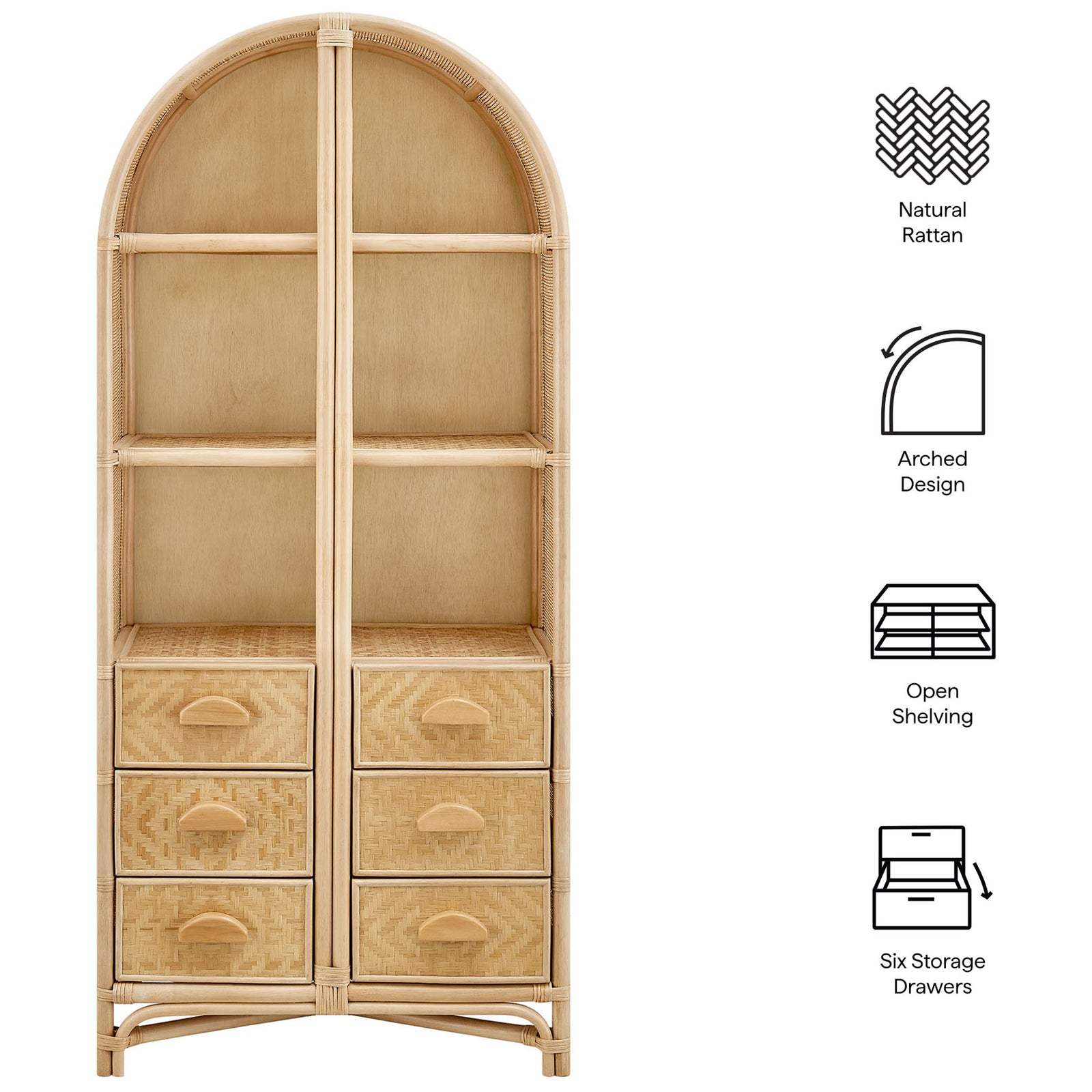 Key features include natural rattan, arched design, open shelving, and six storage drawers || EEI-7362-NAT || callout_studio