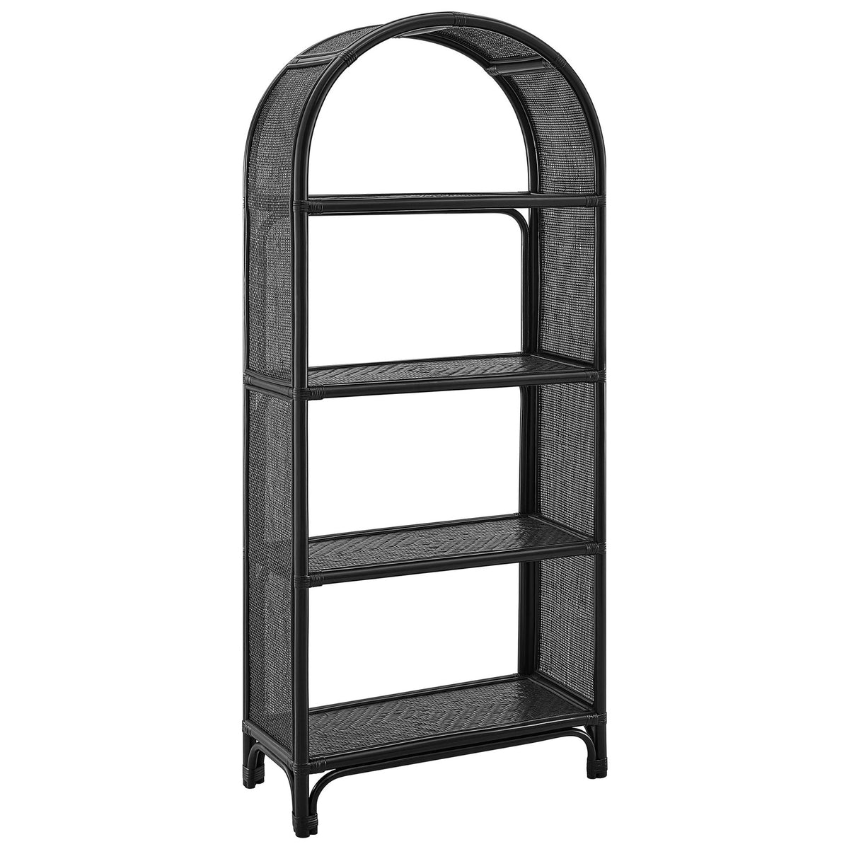 Arched black rattan bookshelf with four open shelves and an airy open-back design || EEI-7363-BLK || front_angle_studio