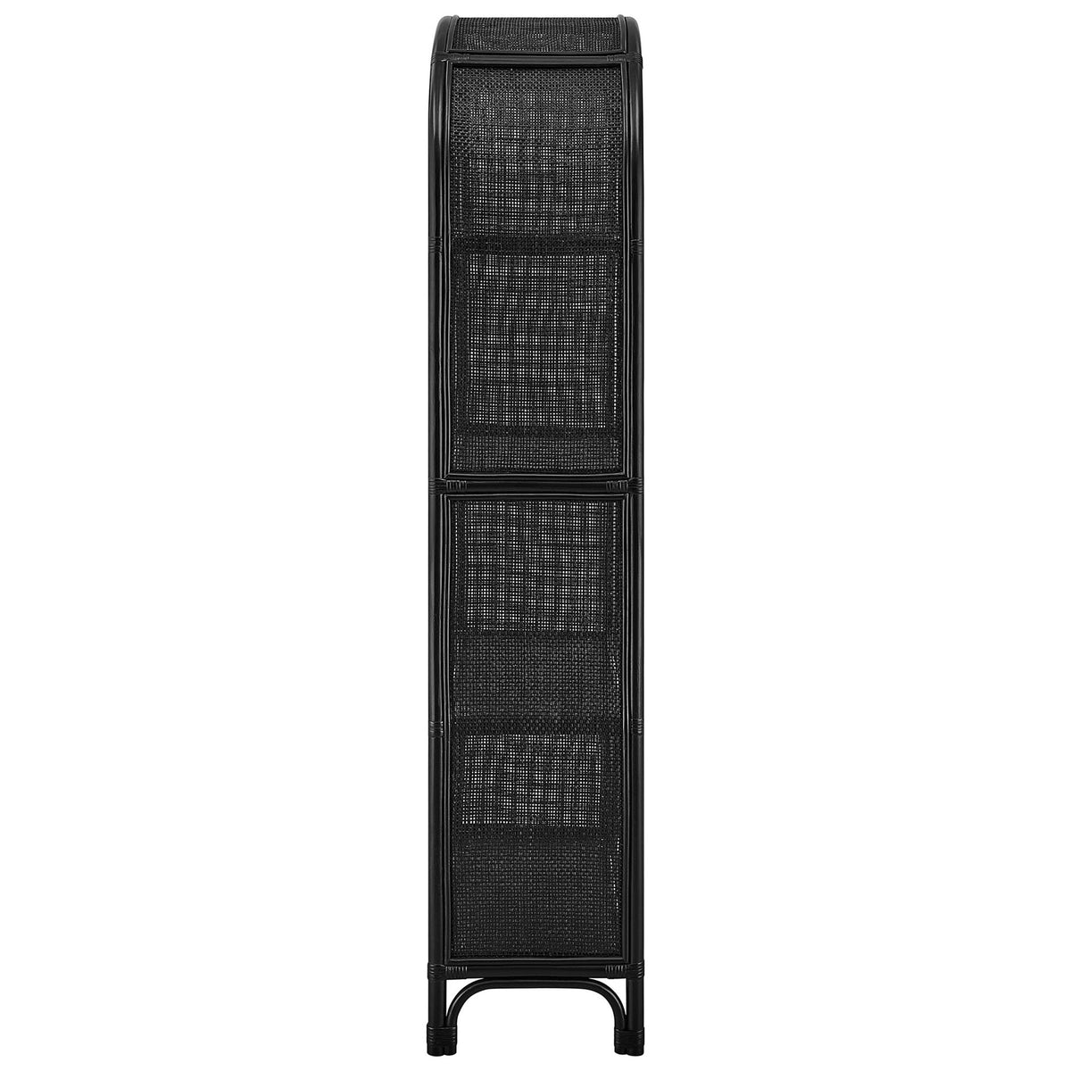 Slim profile showcases woven rattan sides and elevated feet with protective caps || EEI-7363-BLK || side_studio