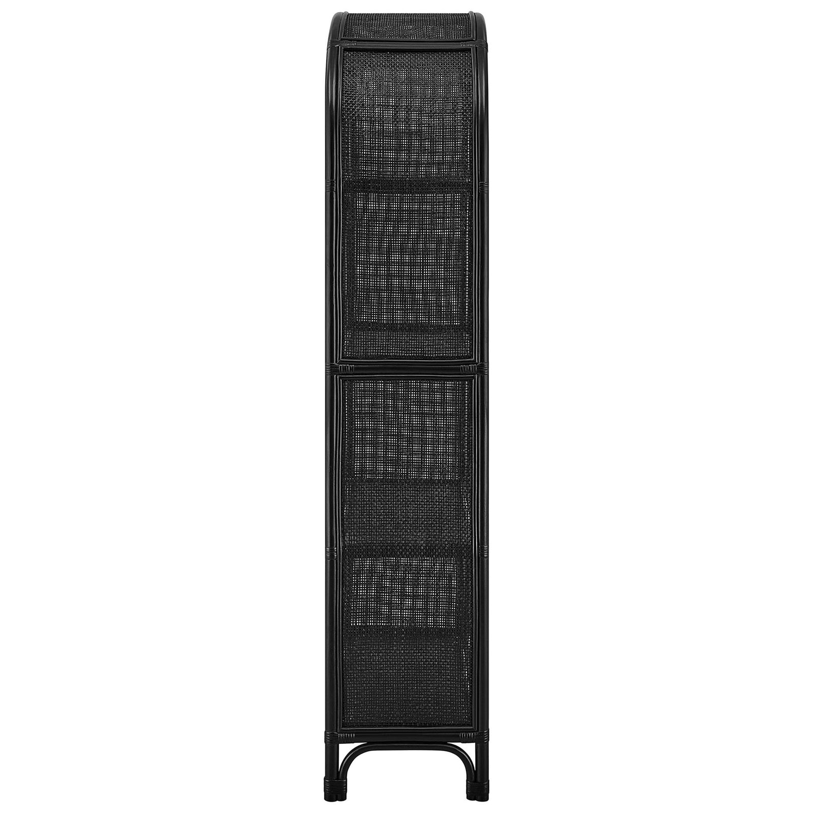 Slim profile showcases woven rattan sides and elevated feet with protective caps || EEI-7363-BLK || side_studio