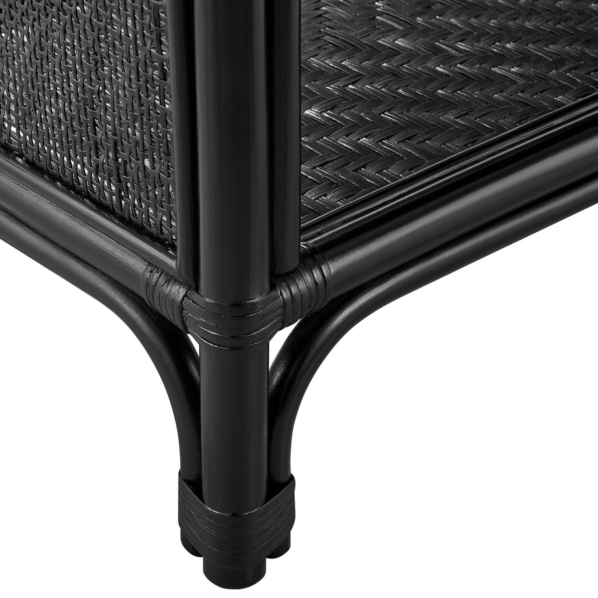 Elevated base with wrapped rattan joints and tight weave for sturdy support || EEI-7363-BLK || leg_studio