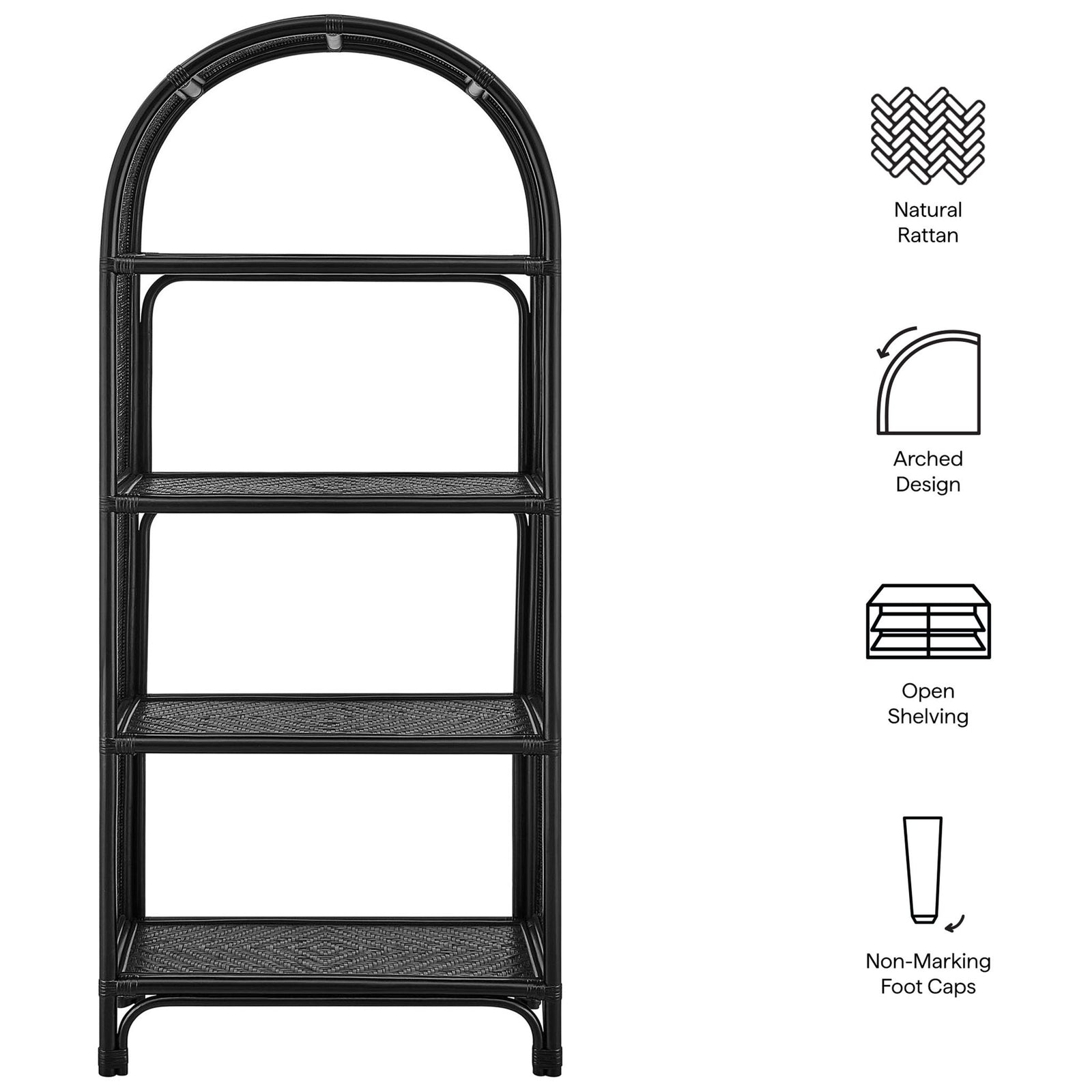Feature highlights: natural rattan, arched design, open shelving, non-marking foot caps || EEI-7363-BLK || callout_studio