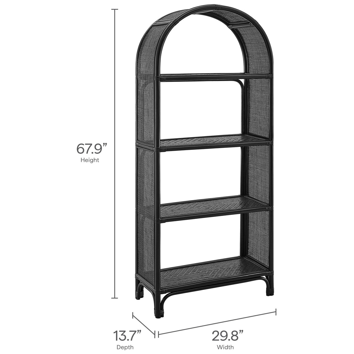 67.9-inch tall arched bookshelf with 29.8-inch width and 13.7-inch depth for slim storage || EEI-7363-BLK || dimension_studio