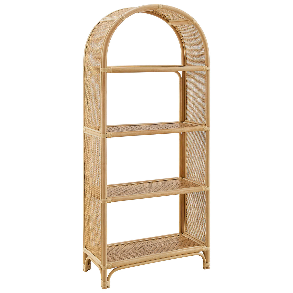 Sculptural arched bookcase showcases woven rattan shelves and a light, open-back design. || EEI-7363-NAT || front_angle_studio