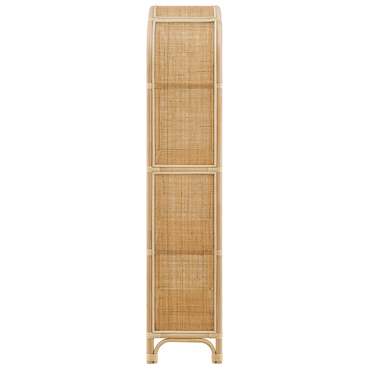 Slim profile with curved arch and rattan side panels, elevating storage with breezy texture. || EEI-7363-NAT || side_studio