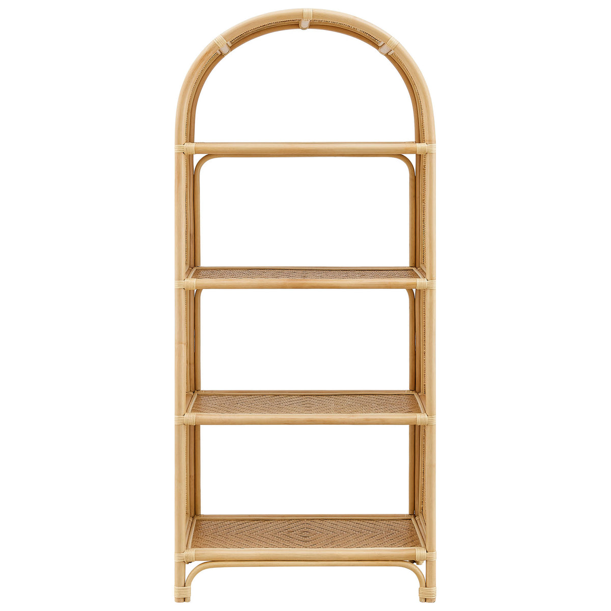 Arched natural rattan bookshelf with four open shelves and an airy wood frame. || EEI-7363-NAT || front_studio