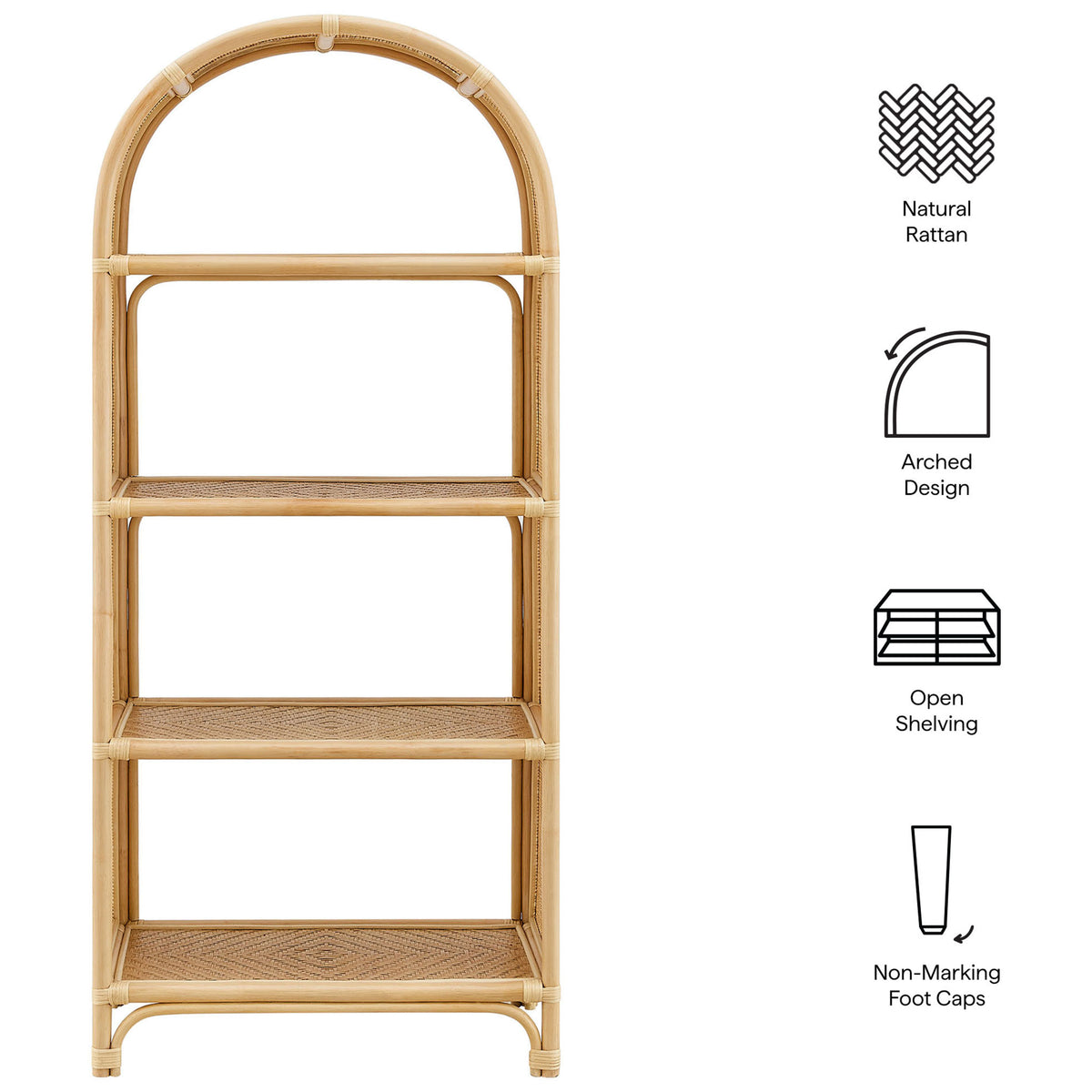 Key features include natural rattan, arched silhouette, open shelving, and protective foot caps. || EEI-7363-NAT || callout_studio