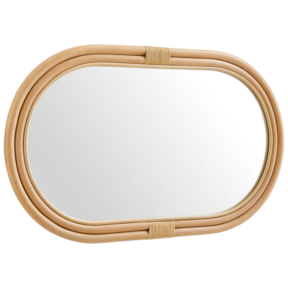 Corsica oval rattan wall mirror displayed horizontally to emphasize its elongated shape || EEI-7364-NAT || front_angle_studio
