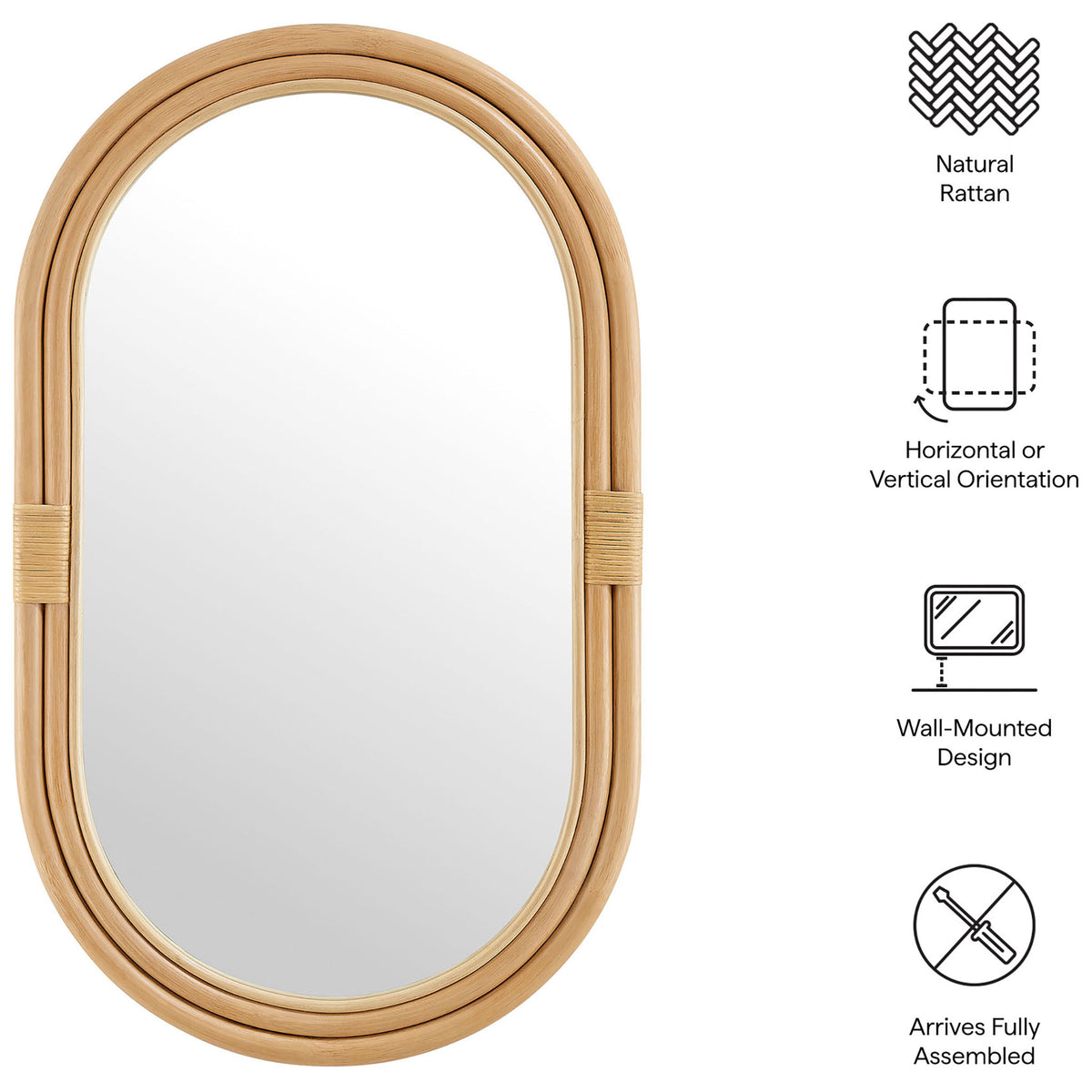 Corsica oval rattan wall mirror with icons highlighting natural rattan and ready-to-hang design || EEI-7364-NAT || callout_studio