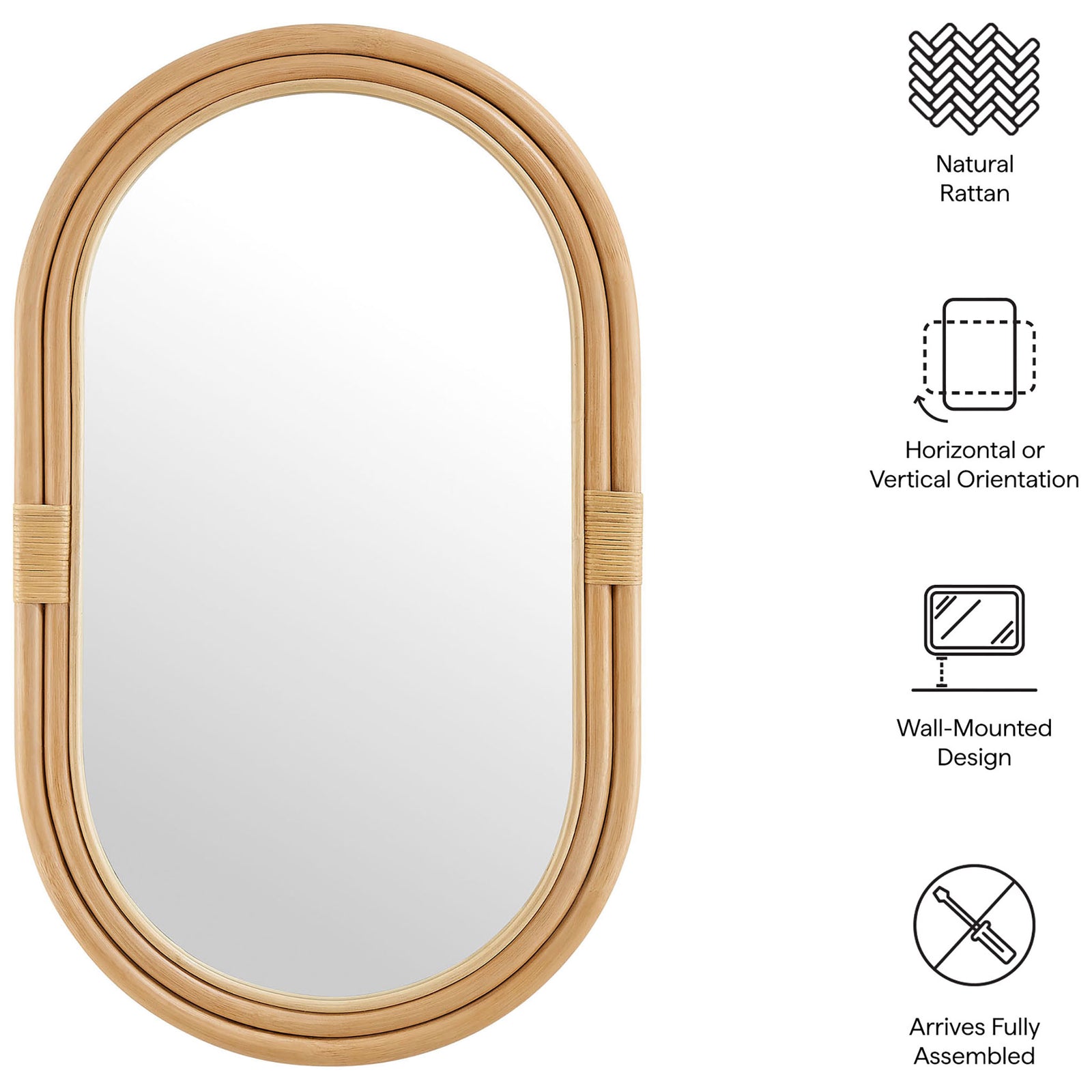 Corsica oval rattan wall mirror with icons highlighting natural rattan and ready-to-hang design || EEI-7364-NAT || callout_studio