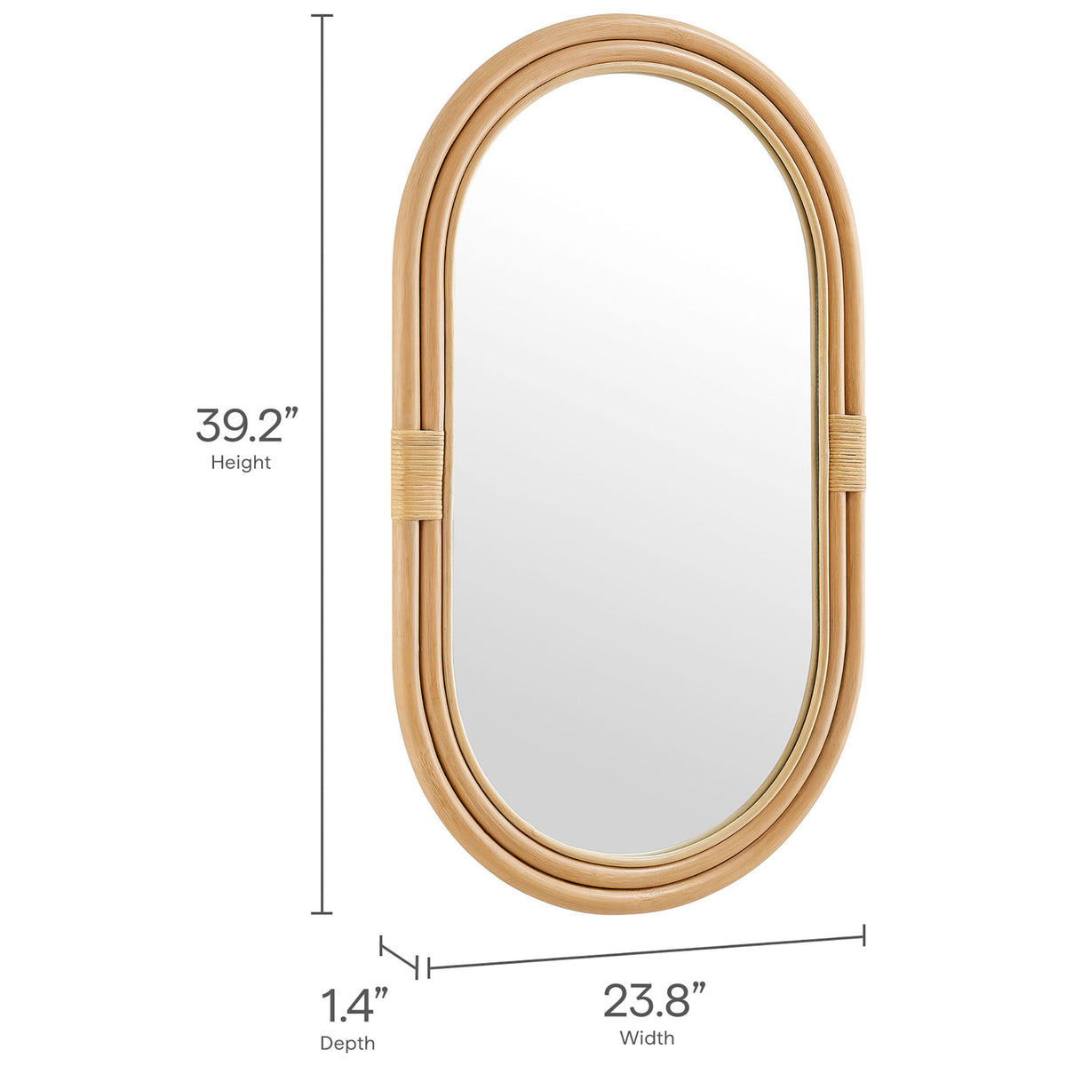 Corsica oval rattan wall mirror with measurements showing overall height, width, and depth || EEI-7364-NAT || dimension_studio
