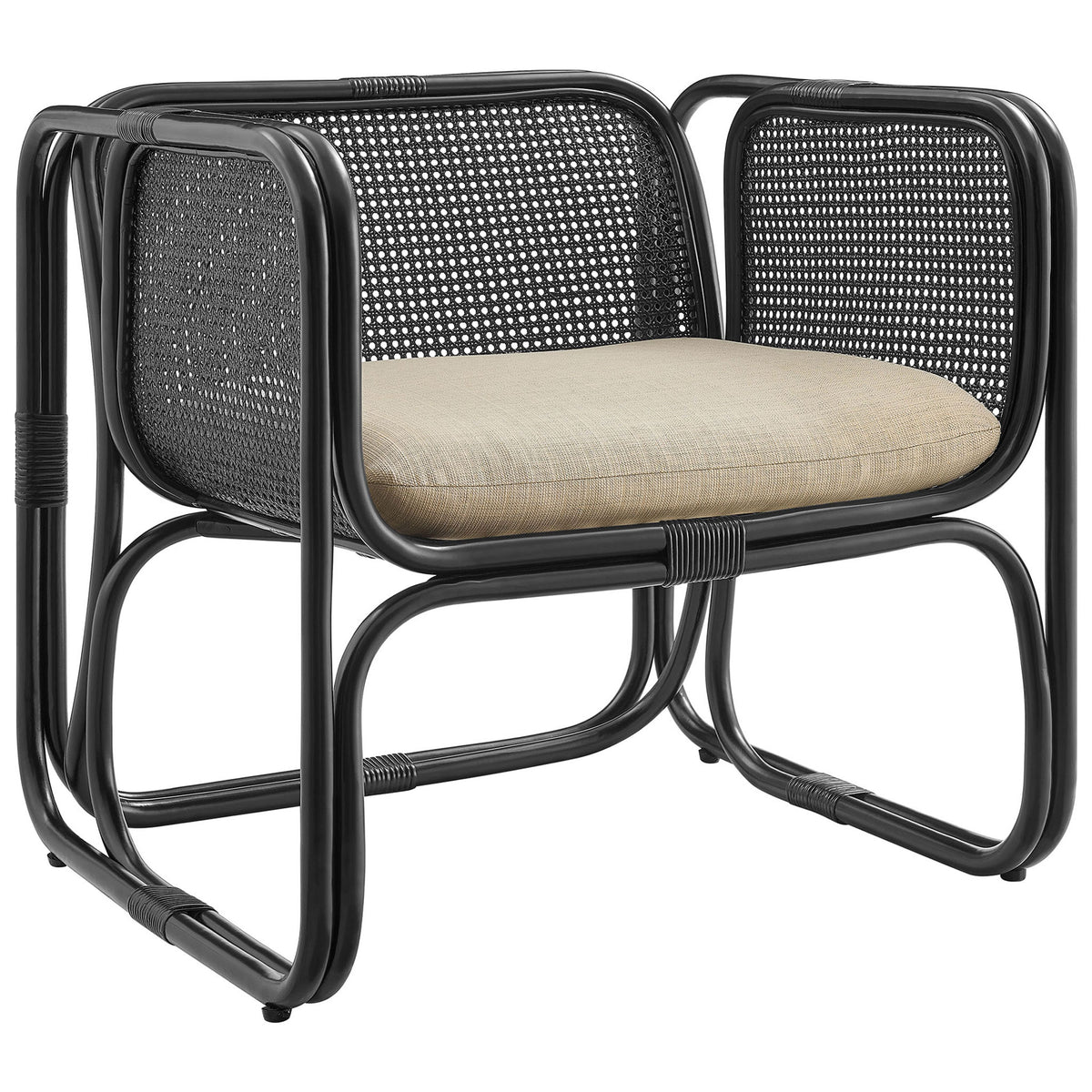 Curved tubular frame and airy black cane weave bring modern ease to this rattan lounge chair || EEI-7365-BLK || front_angle_studio