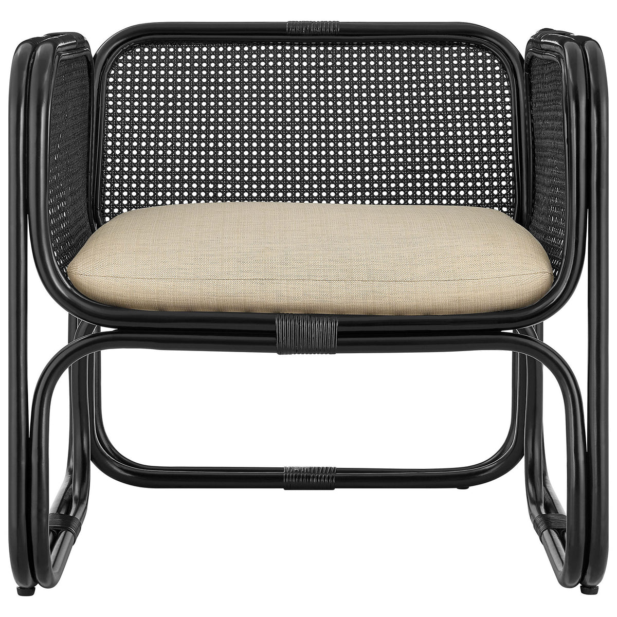 Sculptural black rattan armchair with open cane panels and a removable beige seat cushion || EEI-7365-BLK || front_studio