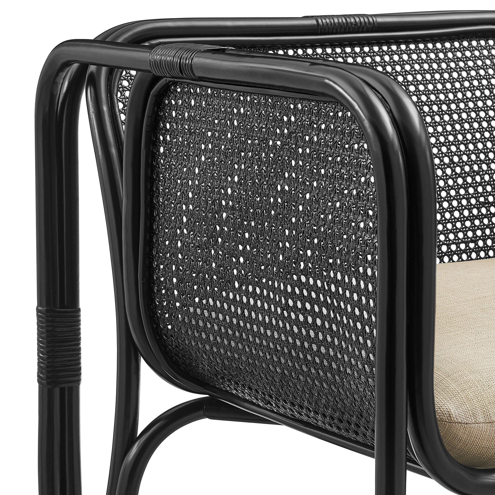 Fine cane weave and wrapped rattan bindings showcase craftsmanship and durability || EEI-7365-BLK || detail_studio
