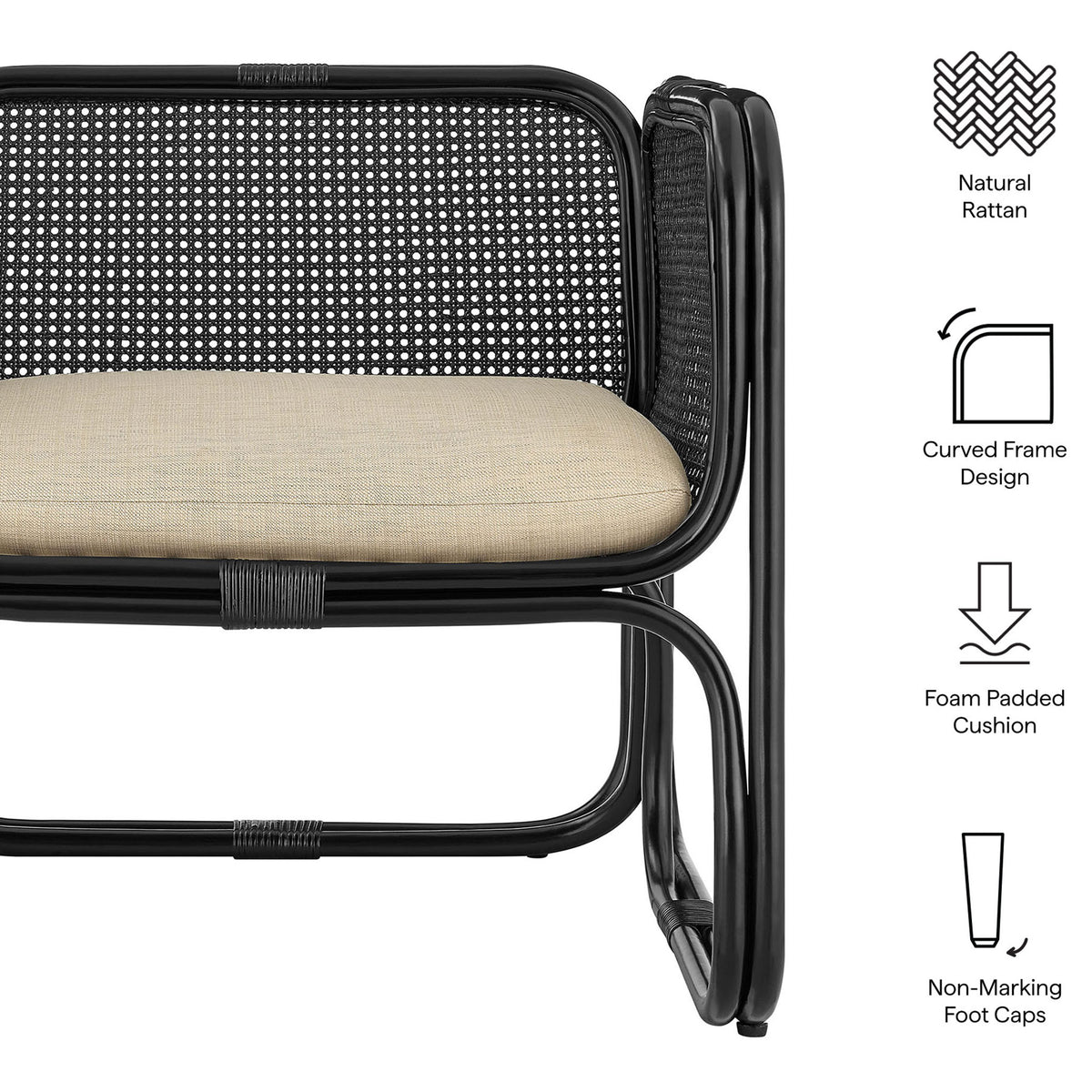 Feature highlights include natural rattan, curved frame, foam cushion, and non-marking foot caps || EEI-7365-BLK || callout_studio