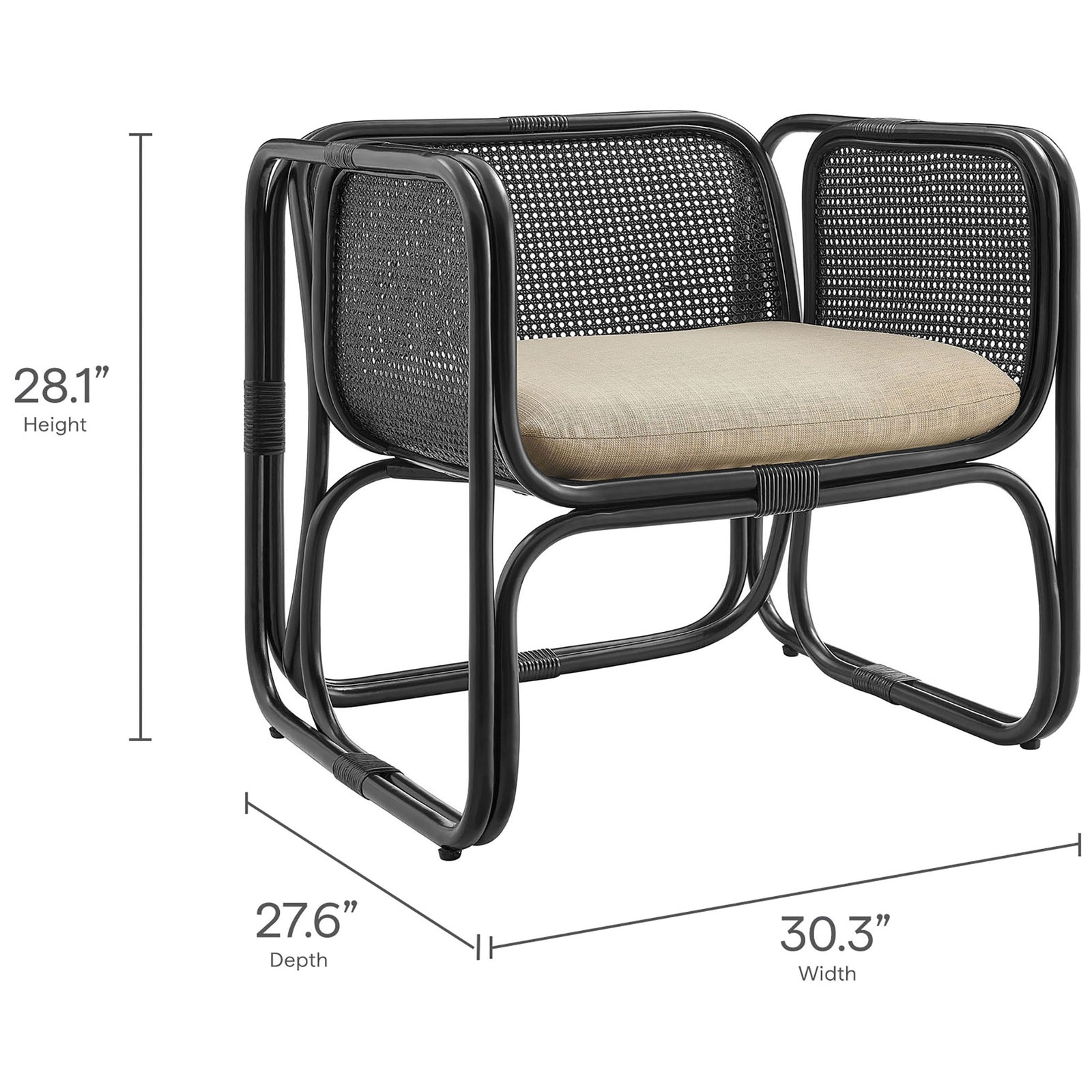 Dimensions shown for the Ellis rattan armchair: height, depth, and width for easy planning || EEI-7365-BLK || dimension_studio