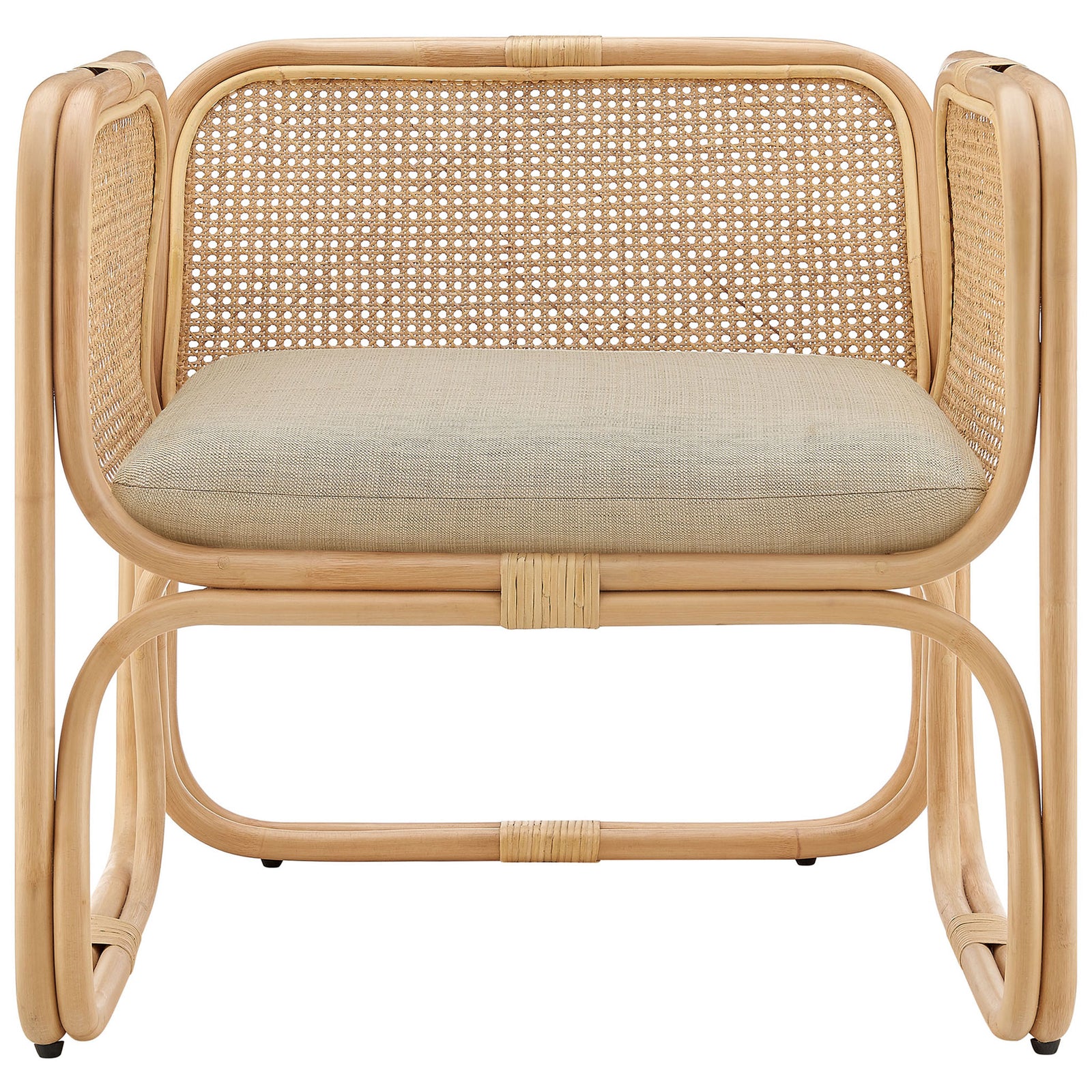 Curved natural rattan frame with airy cane panels and a thick neutral seat cushion || EEI-7365-NAT || front_studio