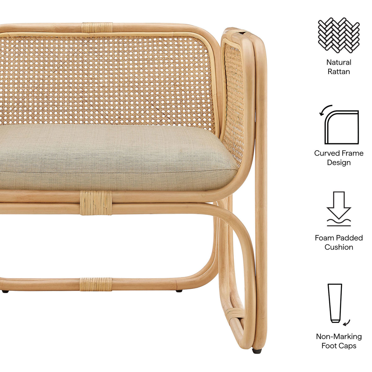 Natural rattan chair with foam-padded seat and a gracefully curved, sculptural frame || EEI-7365-NAT || callout_studio
