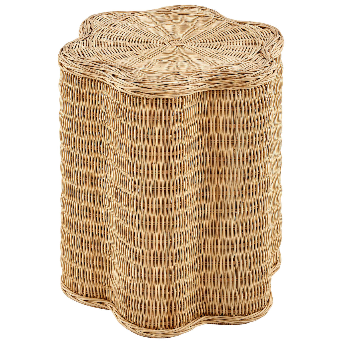 Scalloped natural rattan side table with curved flower-shaped profile and woven texture || EEI-7366-NAT || front_angle_studio