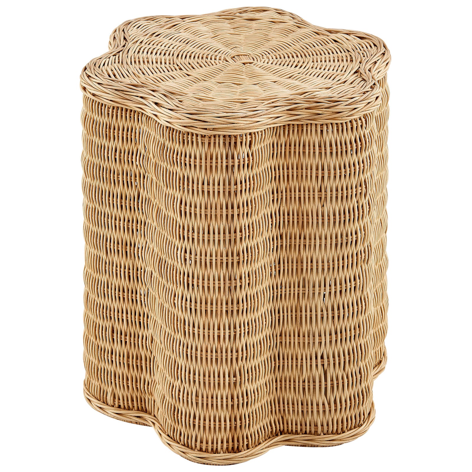 Scalloped natural rattan side table with curved flower-shaped profile and woven texture || EEI-7366-NAT || front_angle_studio