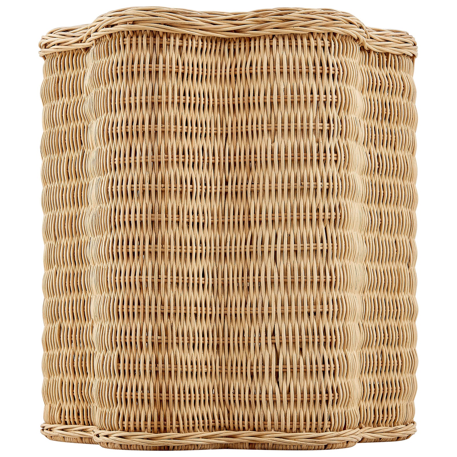 Woven rattan side table showing scalloped silhouette and airy vertical weave pattern || EEI-7366-NAT || side_studio