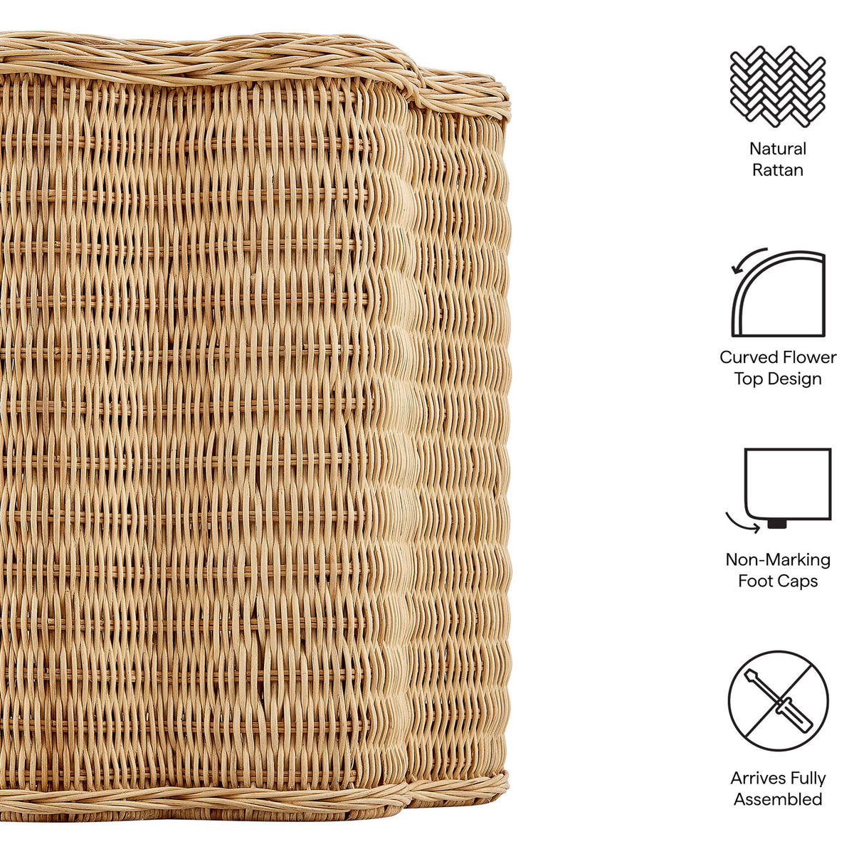 Rattan side table with feature icons for natural material, flower top, foot caps, and easy setup || EEI-7366-NAT || callout_studio