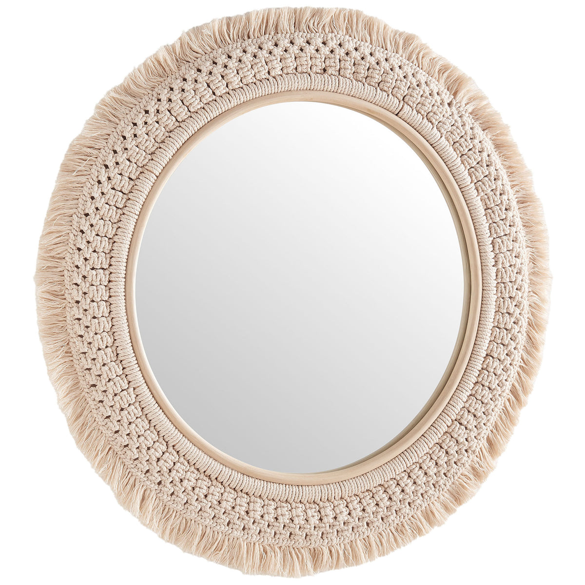 Round natural rattan macrame wall mirror with soft cotton fringe, perfect for adding breezy boho charm. || EEI-7367-NAT || front_angle_studio