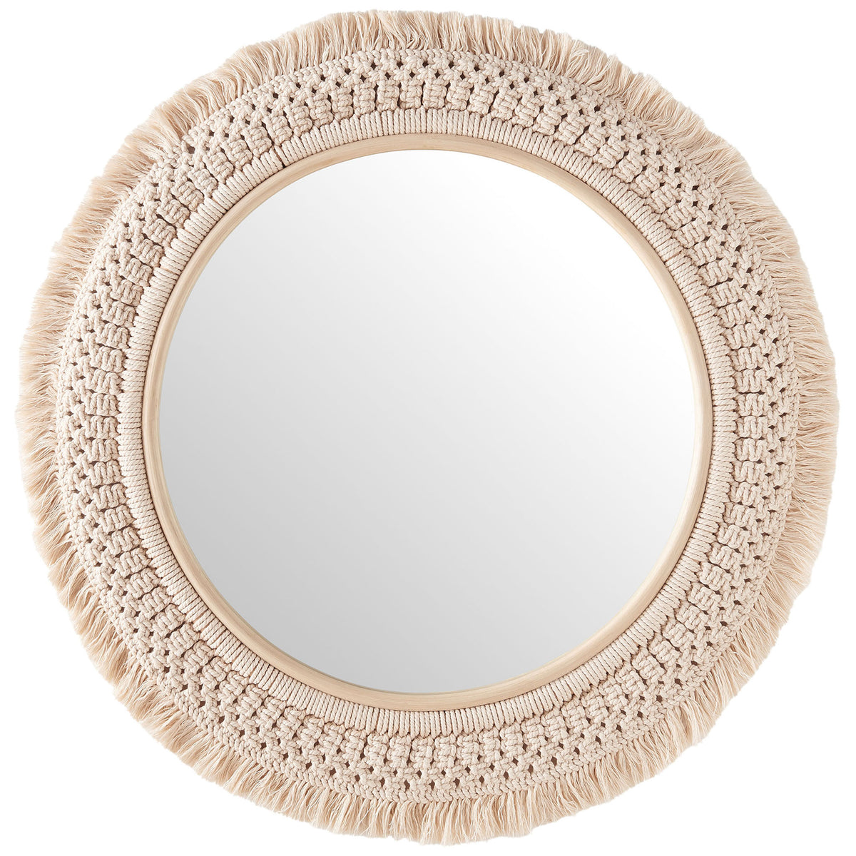 Jade round wall mirror featuring a full halo of macrame fringe and a smooth natural rattan frame. || EEI-7367-NAT || front_studio